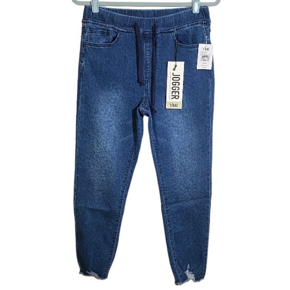 Denim Joggers High Rise Indigo Leopard Frayed Hem Drawstring Waist Size Medium - Picture 5 of 16